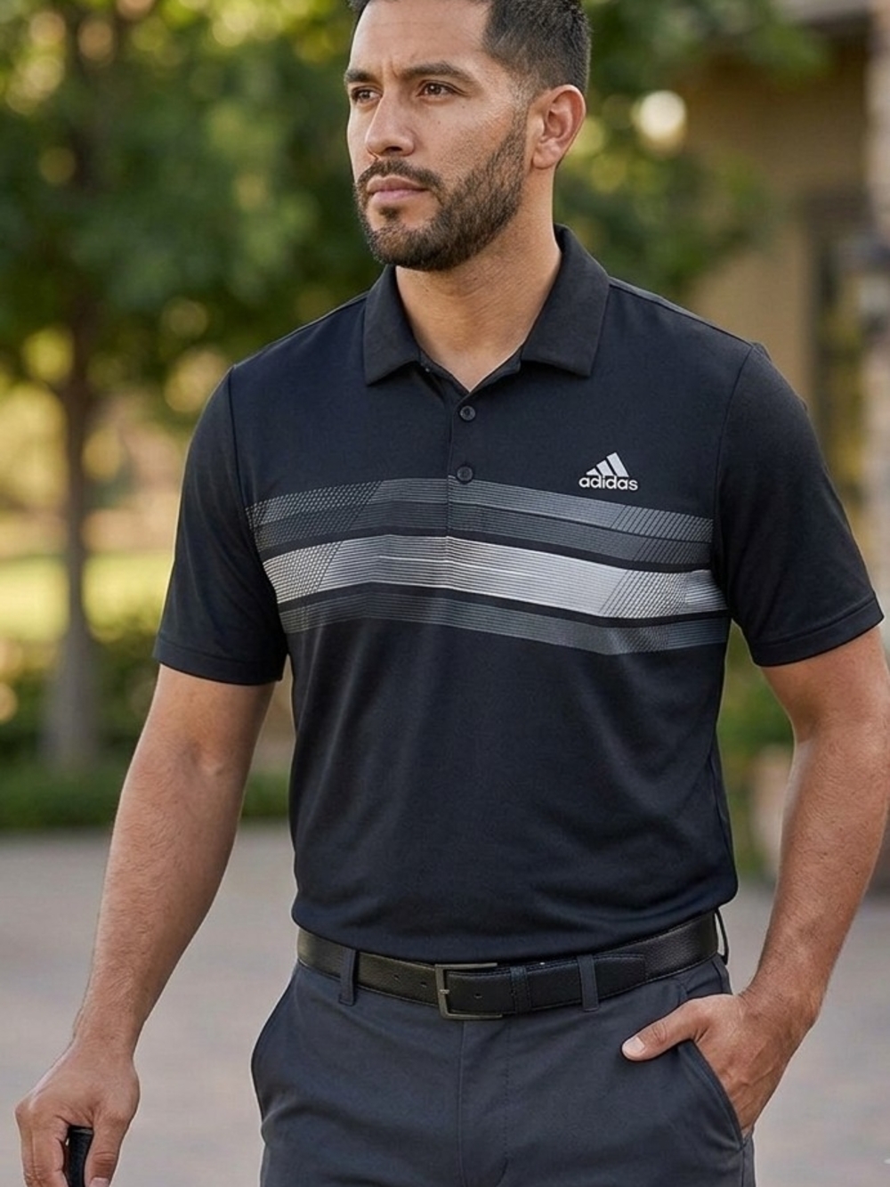 adidas Men's Black Gray White Striped Short Sleeve Polyester Polo Shirt S NWOT